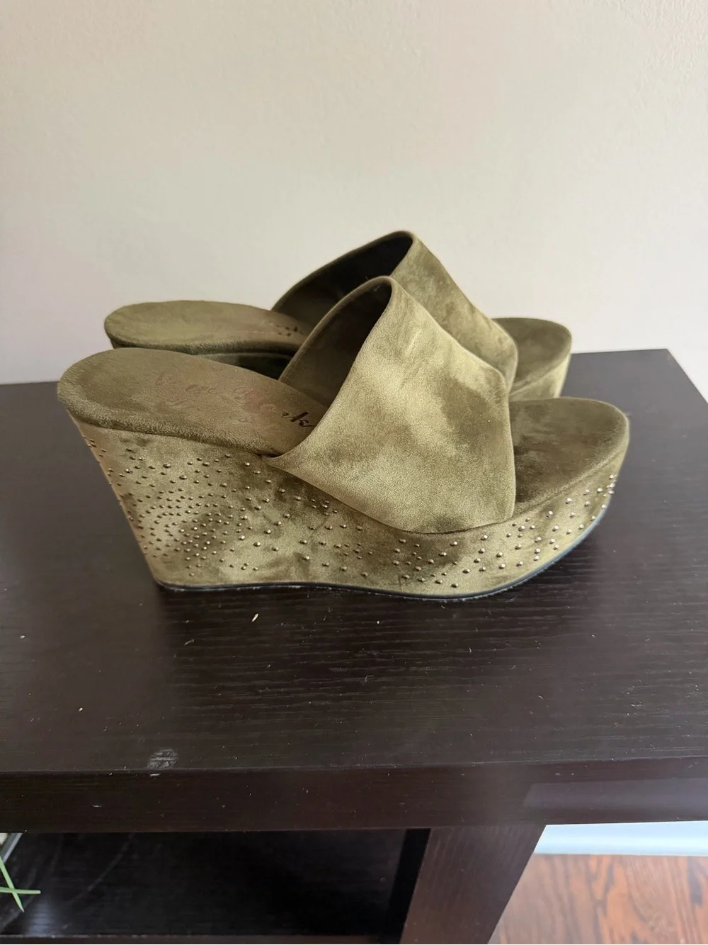 New York Transit Olive Suede Wedge Slide Sandals